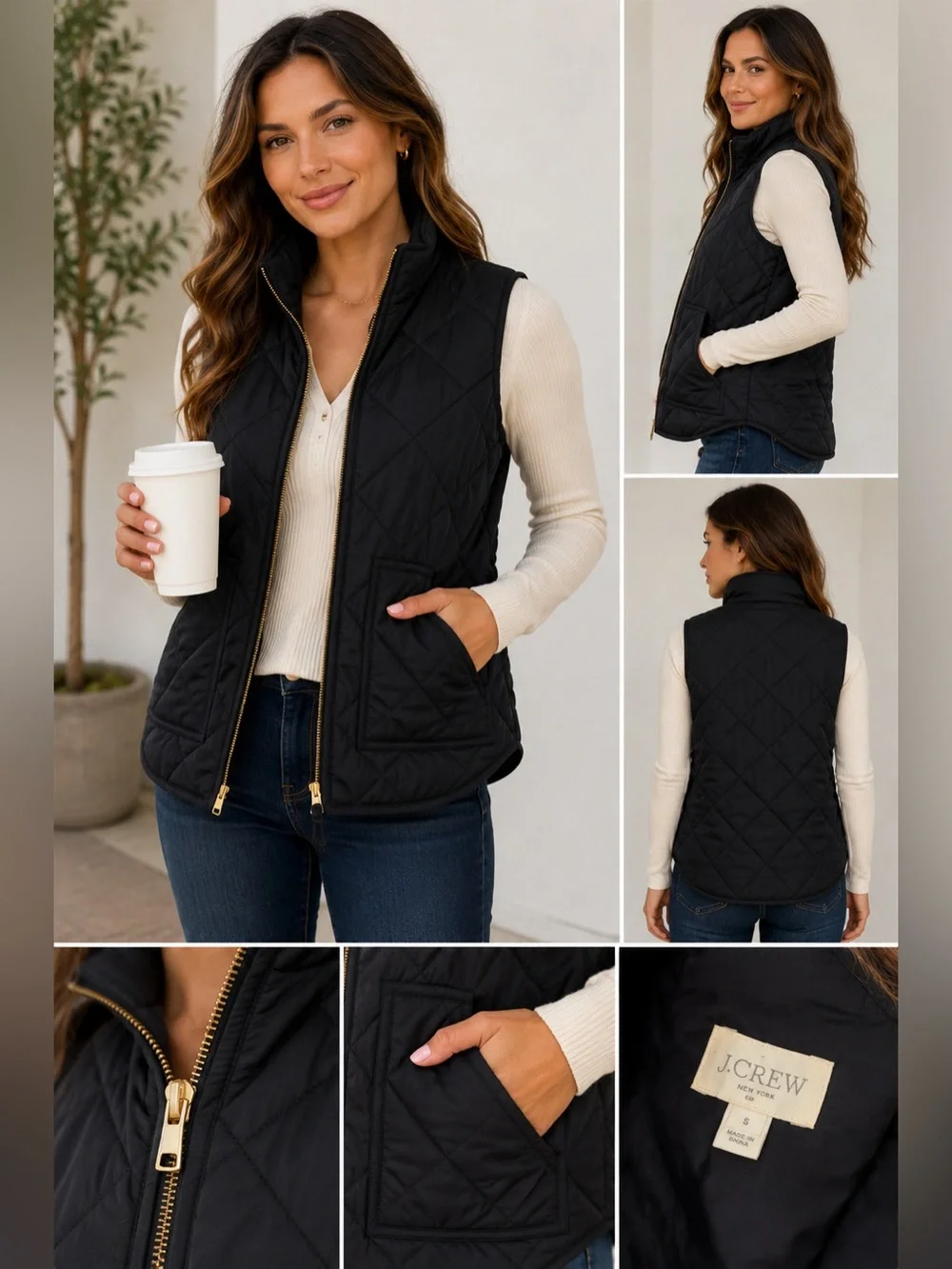 J.Crew Quilted Puffer Vest Womens Small Black Excellent Lightweight Gold Zip‎